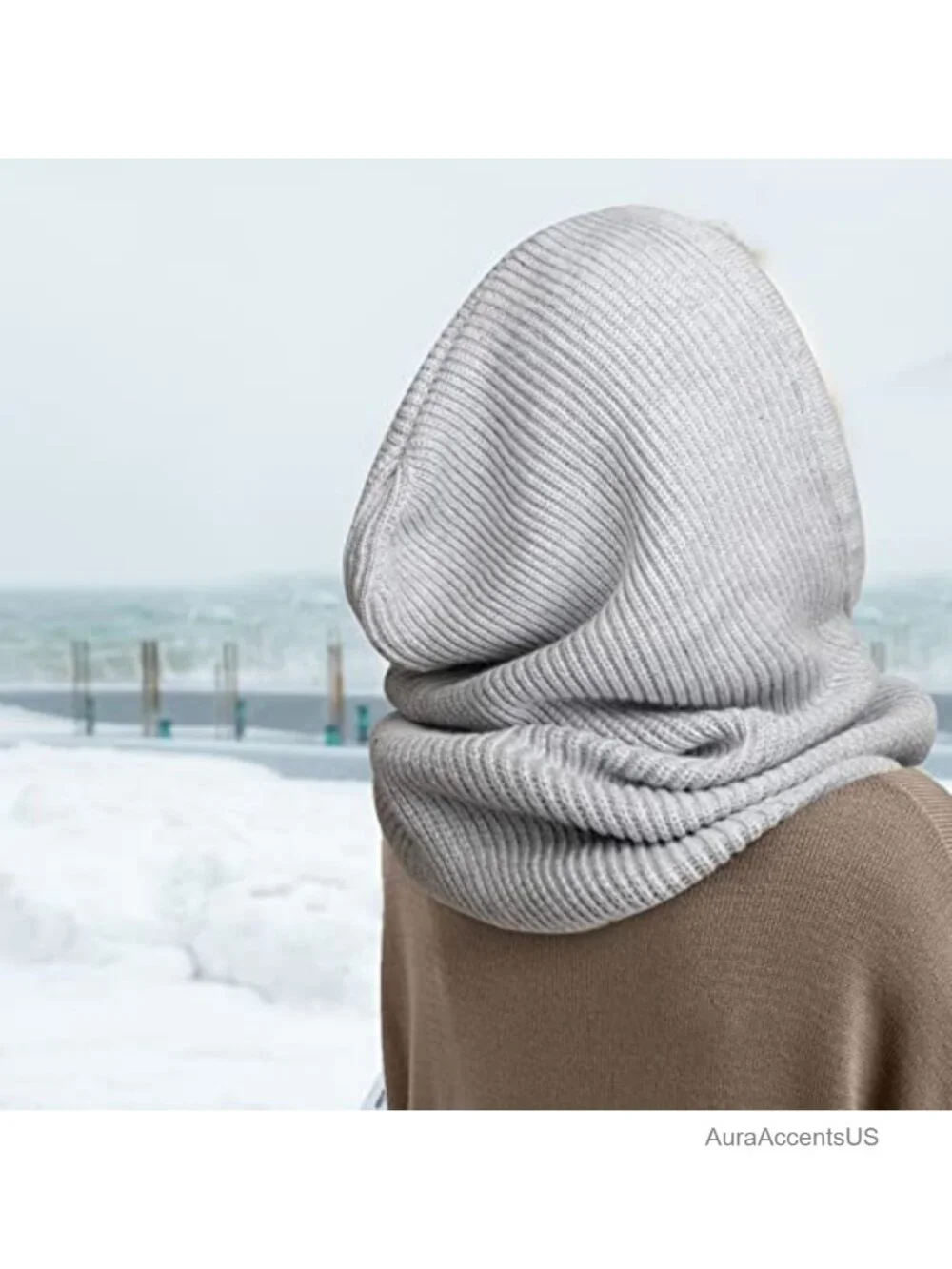 Wool Acrylic Knit Balaclava Hooded Scarf Hat with Drawstring - Unisex Winter